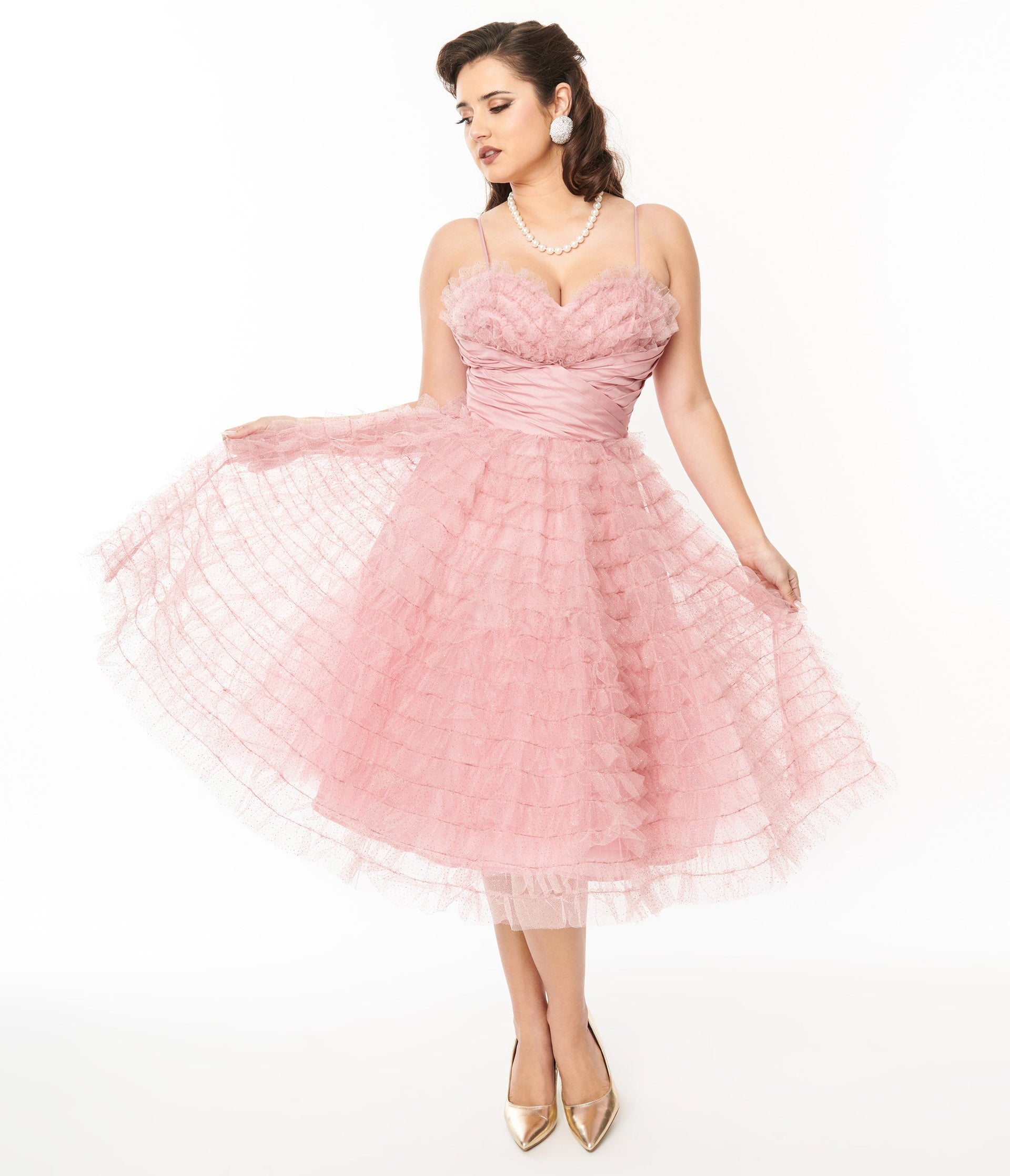 Unique Vintage Dusty Rose Glitter Tulle Cupcake Swing Dress - Unique Vintage - Womens, DRESSES, PROM AND SPECIAL OCCASION