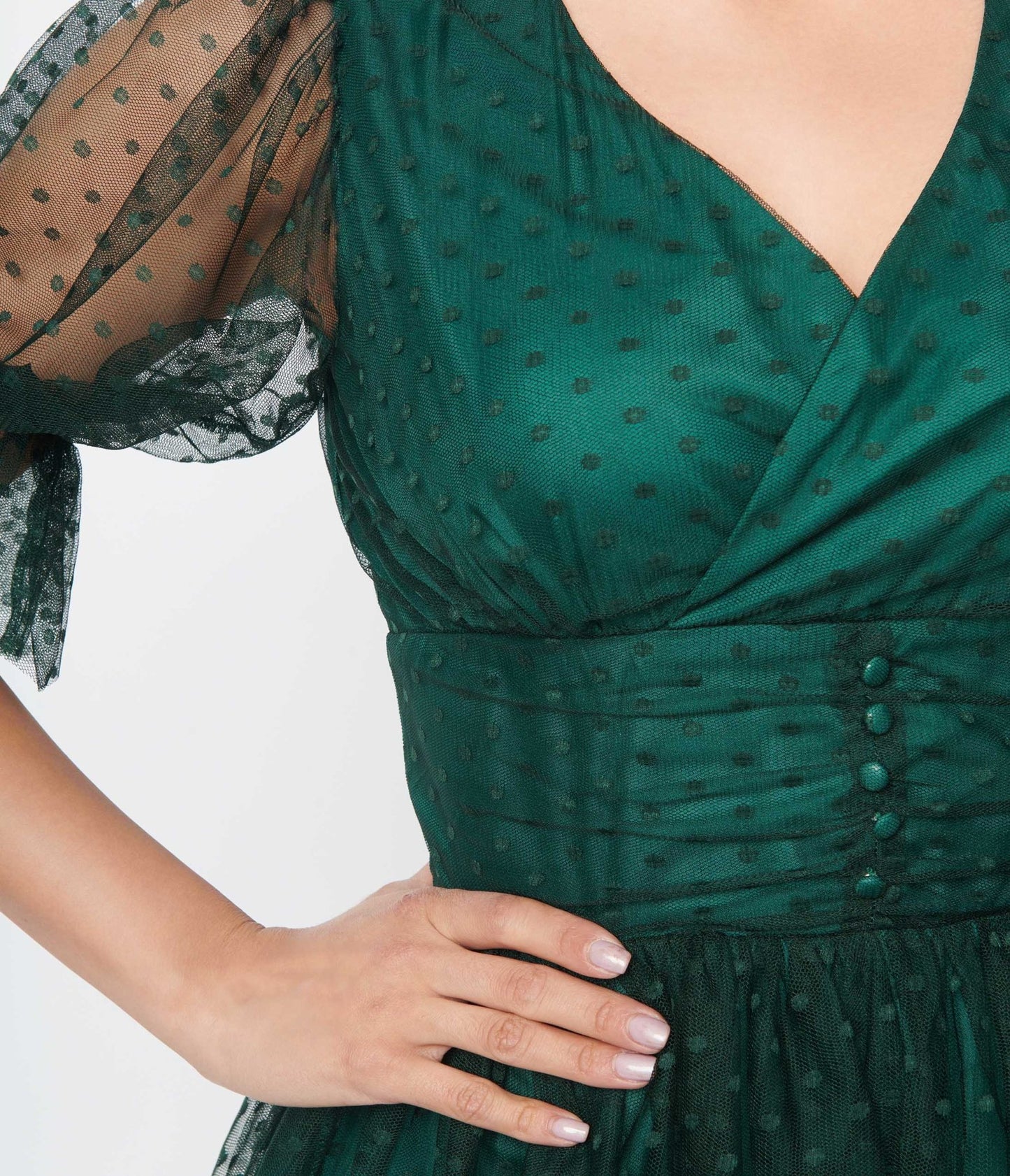 Unique Vintage Emerald Clip Dot Shirred Babydoll Dress - Unique Vintage - Womens, DRESSES, BABYDOLL