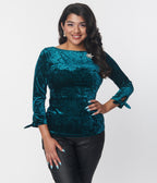 Unique Vintage Emerald Green Crushed Velvet Gracie Top - Unique Vintage - Womens, TOPS, KNIT TOPS