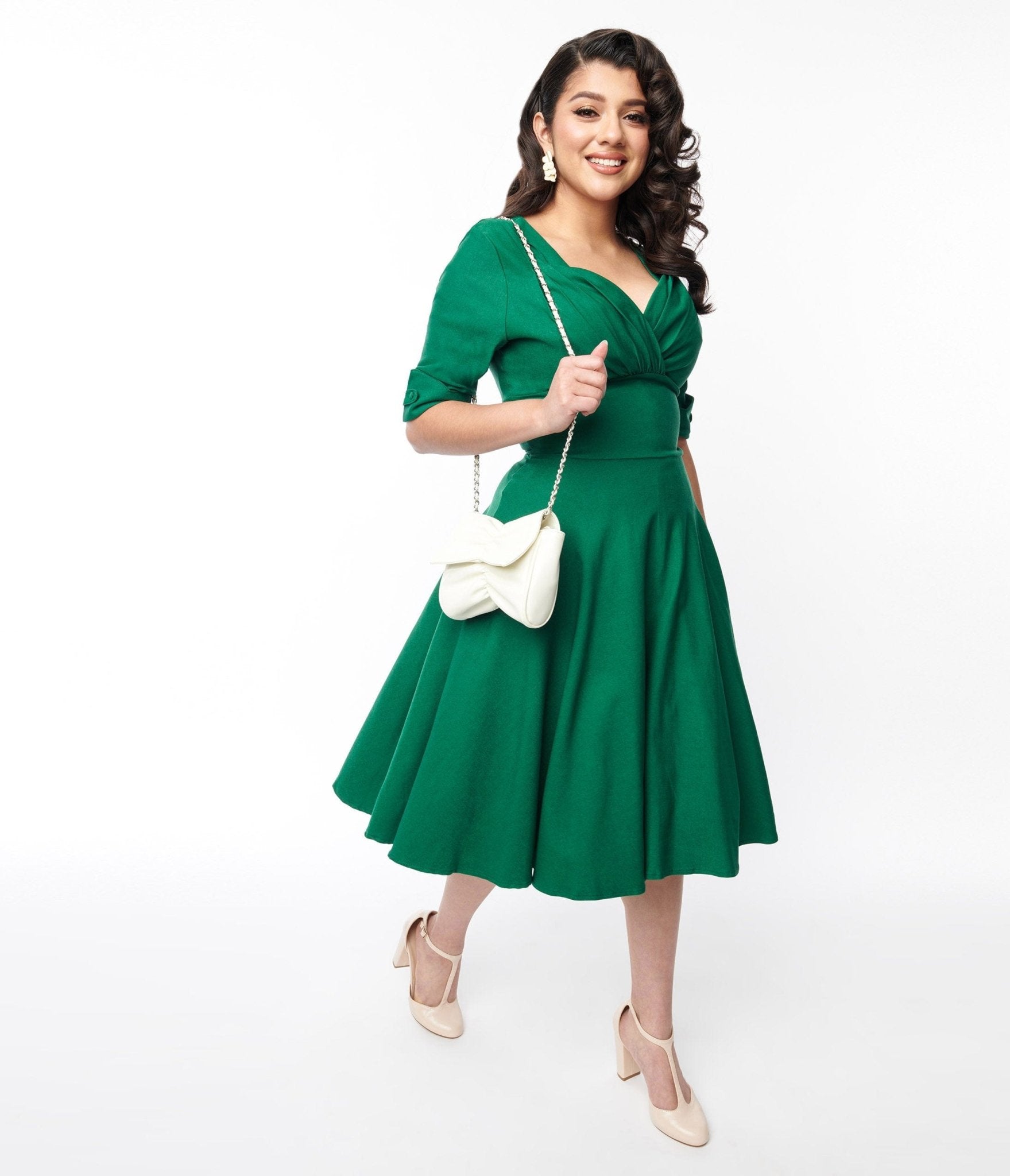 Unique Vintage Emerald Green Delores Swing Dress with Sleeves - Unique Vintage - Womens, DRESSES, SWING