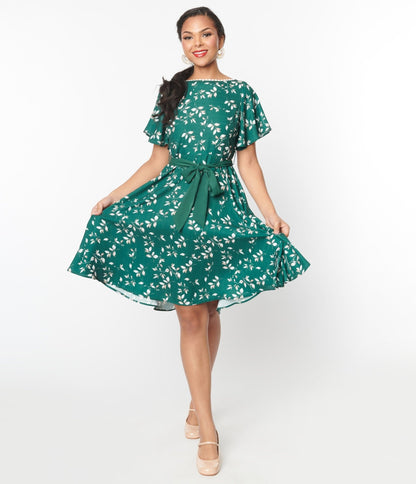 Unique Vintage Emerald Leaf Swing Dress - Unique Vintage - Womens, DRESSES, SWING