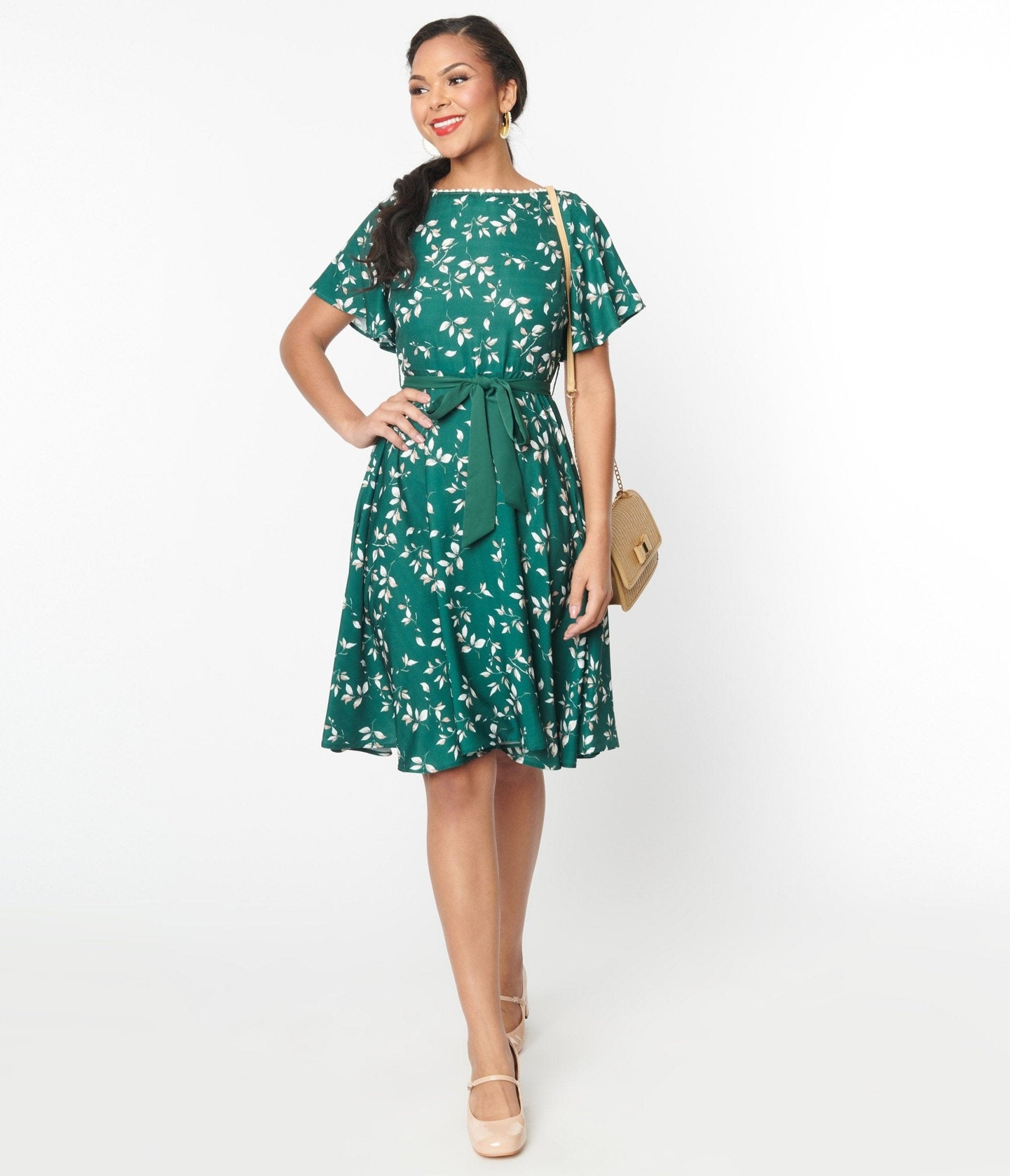 Retro Vintage Unique Vintage Emerald Leaf Swing Dress Unique