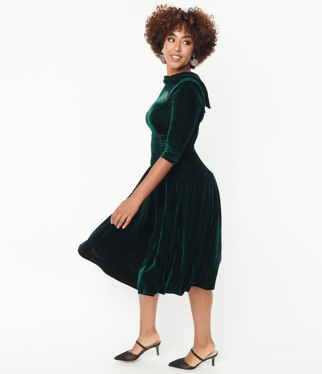 Unique Vintage Emerald Velvet Nicola Swing Dress - Unique Vintage - Womens, DRESSES, SWING