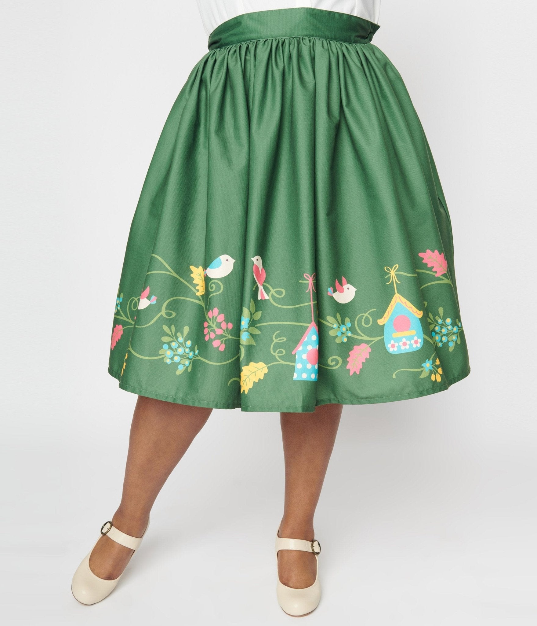 Retro Vintage Unique Vintage Green Bird House Gellar Swing Skirt