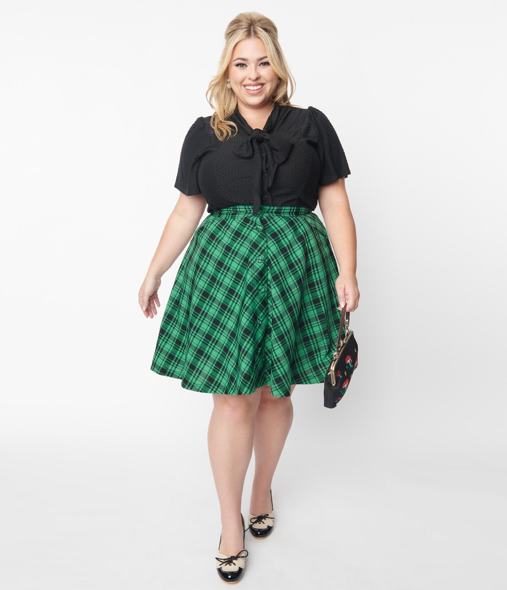 Retro Vintage Unique Vintage Green Black Plaid Swing Skirt
