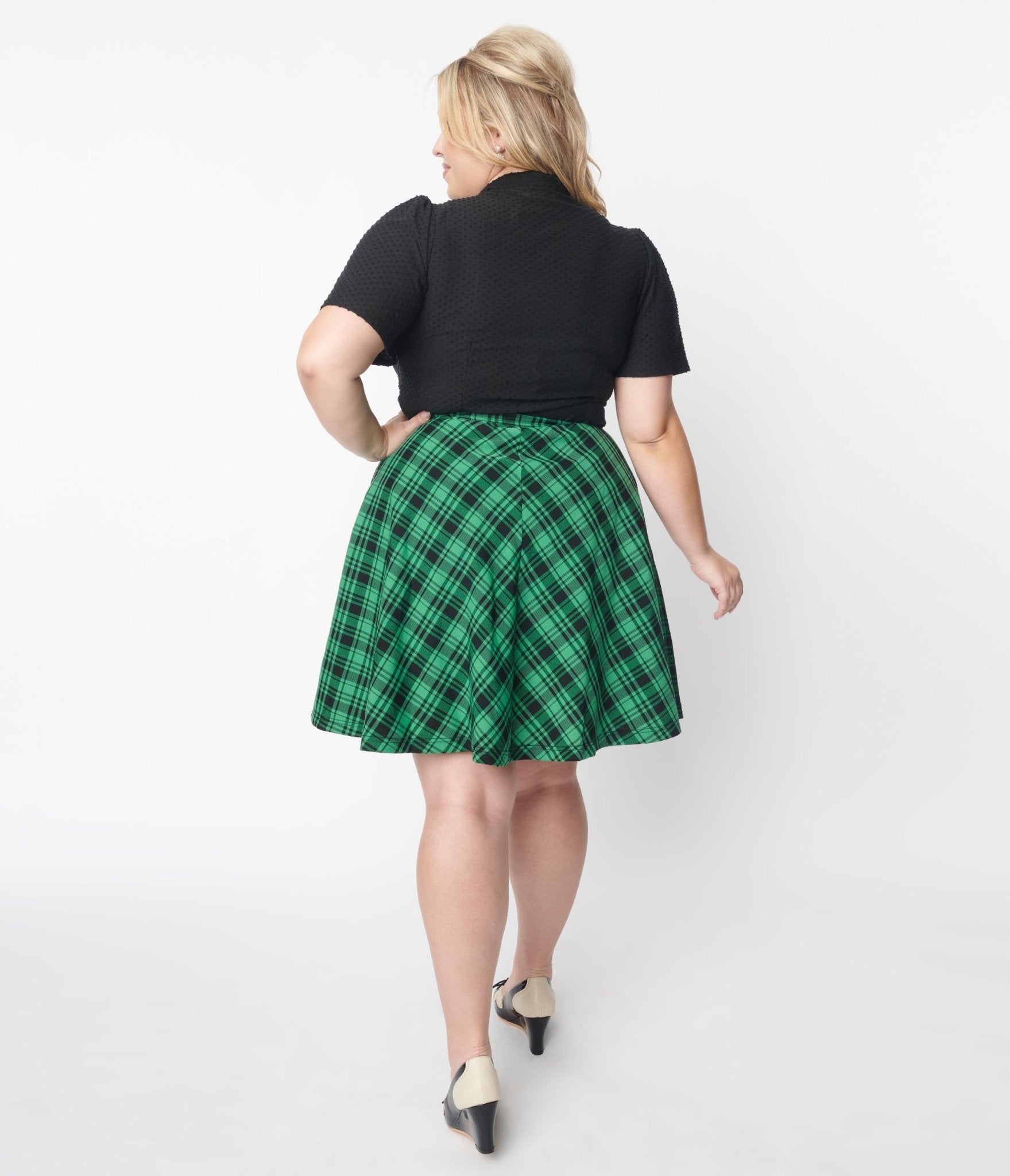 Retro Vintage Unique Vintage Green Black Plaid Swing Skirt