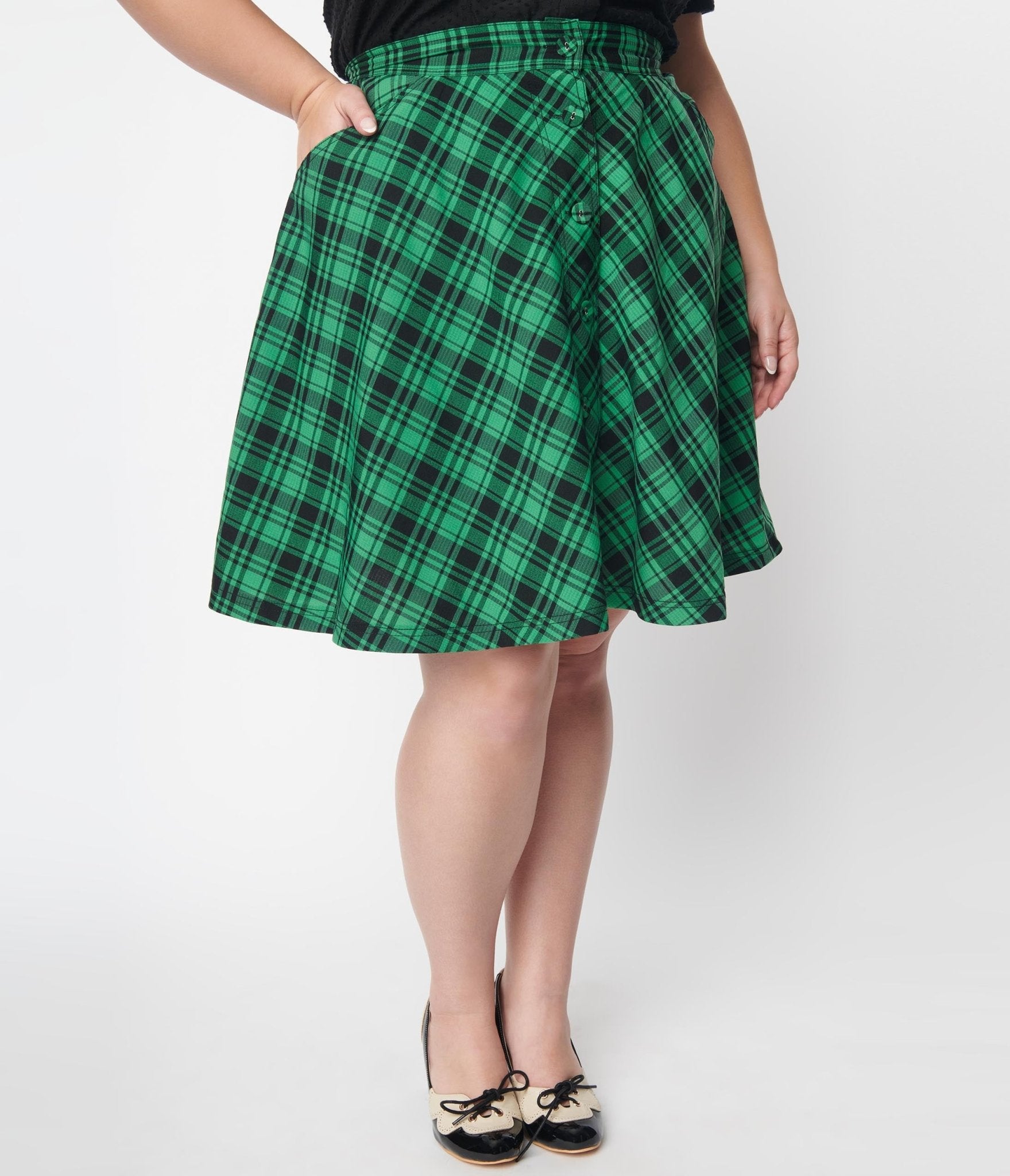 Unique Vintage Green & Black Plaid Swing Skirt - Unique Vintage - Womens, BOTTOMS, SKIRTS