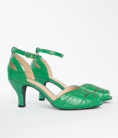 Unique Vintage Green Crocodile Peep Toe Heels - Unique Vintage - Womens, SHOES, HEELS