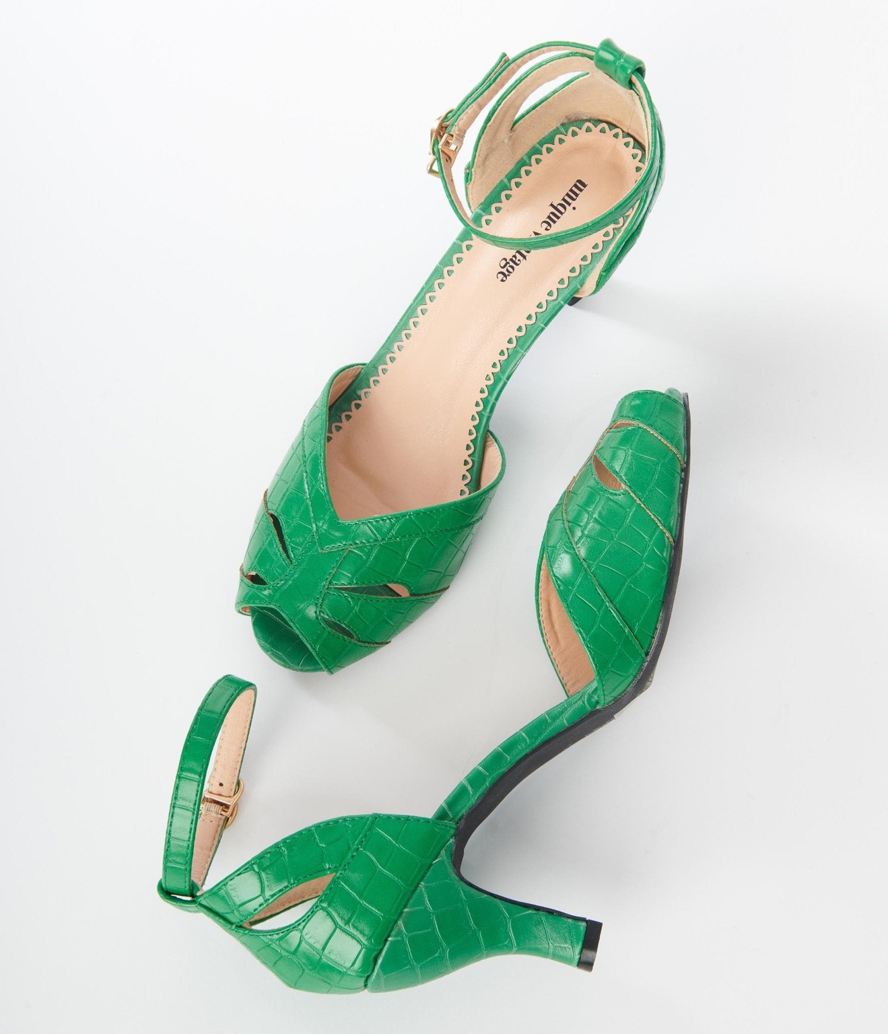 Unique Vintage Green Crocodile Peep Toe Heels - Unique Vintage - Womens, SHOES, HEELS