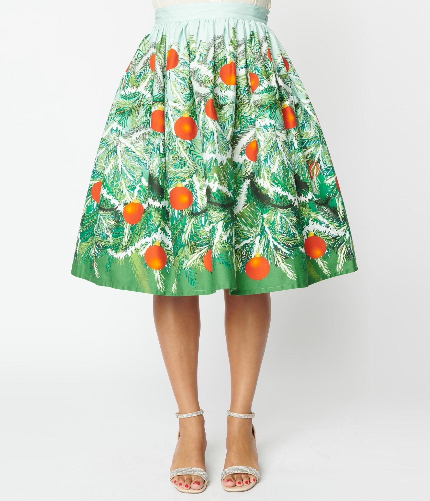 Unique Vintage Green Evergreen & Red Ornaments Swing Skirt - Unique Vintage - Womens, BOTTOMS, SKIRTS