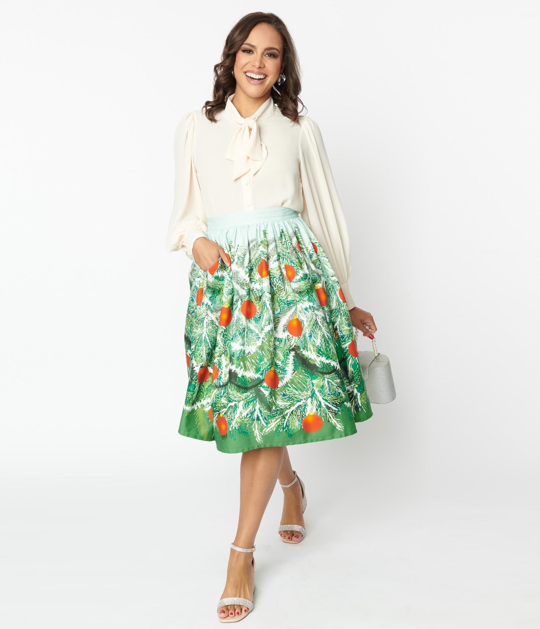 Unique Vintage Green Evergreen & Red Ornaments Swing Skirt - Unique Vintage - Womens, BOTTOMS, SKIRTS