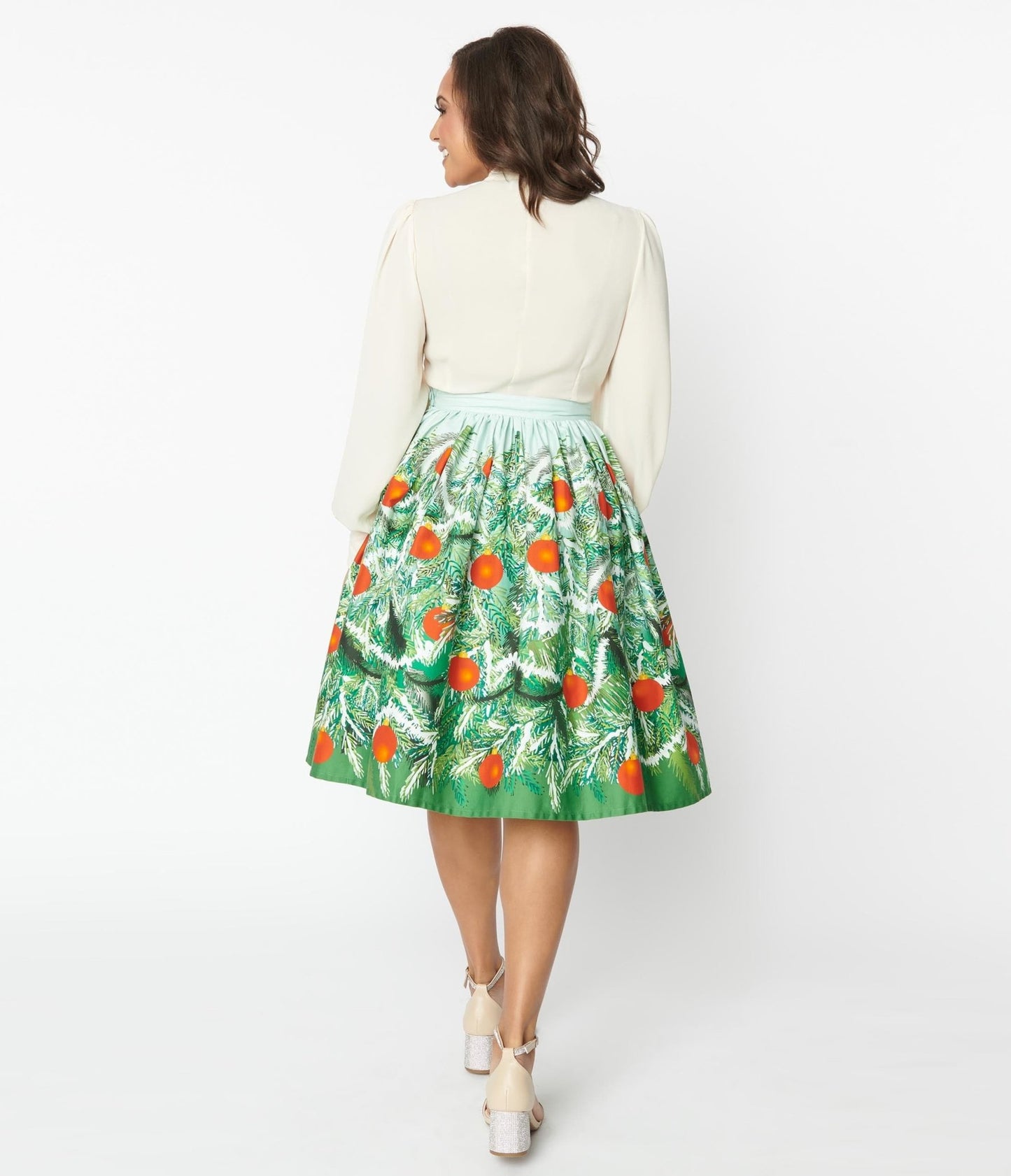Unique Vintage Green Evergreen & Red Ornaments Swing Skirt - Unique Vintage - Womens, BOTTOMS, SKIRTS