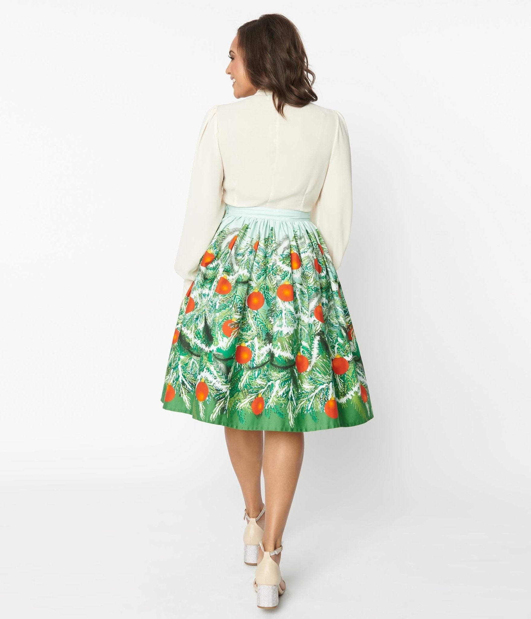 Unique Vintage Green Evergreen & Red Ornaments Swing Skirt - Unique Vintage - Womens, BOTTOMS, SKIRTS