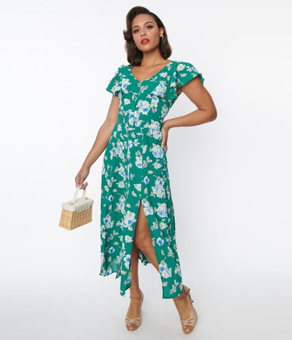 Unique Vintage Green Floral Flutter Sleeve Midi Dress - Unique Vintage - Womens, DRESSES, MIDI