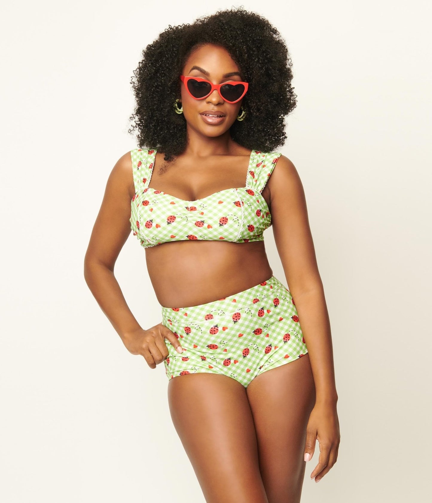 Unique Vintage Green Gingham & Ladybug Print Ruched & Ready Swim Top - Unique Vintage - Womens, SWIM, TOP