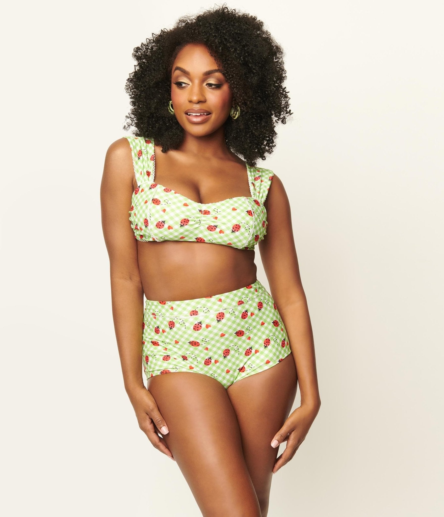 Unique Vintage Green Gingham & Ladybug Print Ruched & Ready Swim Top - Unique Vintage - Womens, SWIM, TOP