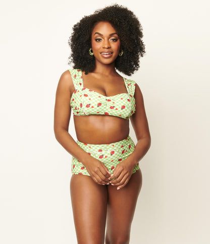 Unique Vintage Green Gingham & Ladybug Print Ruched & Ready Swim Top - Unique Vintage - Womens, SWIM, TOP