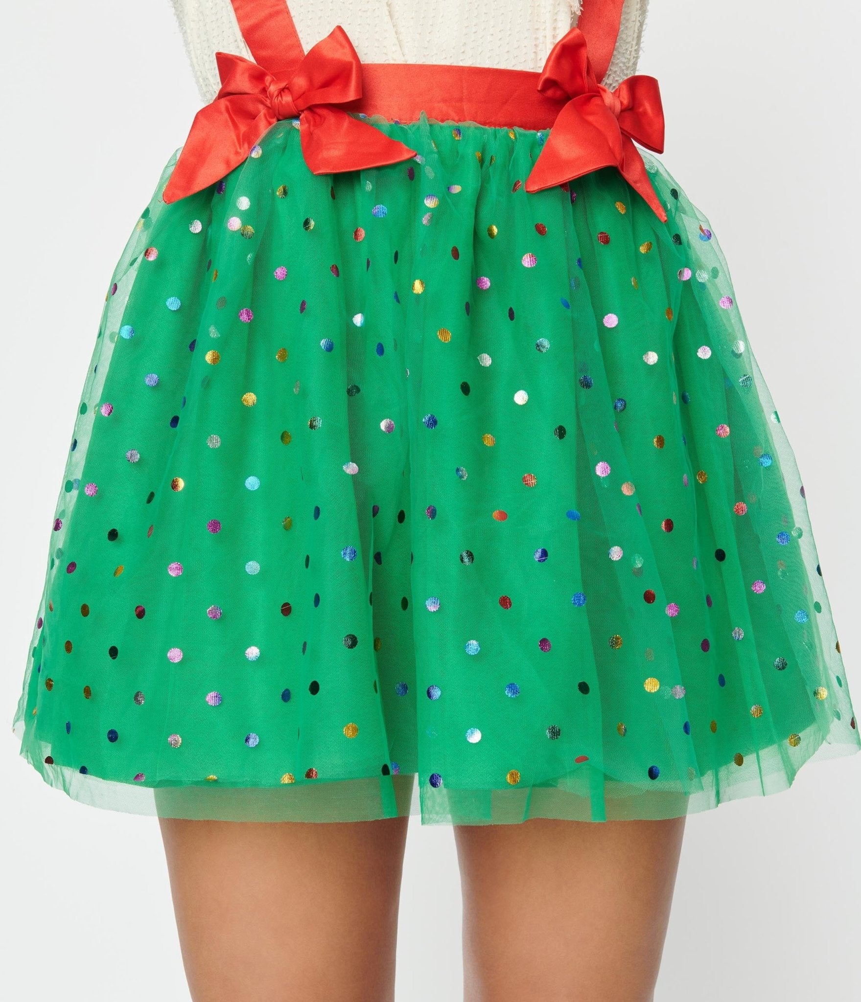 Unique Vintage Green Multi Polka Dot Tulle Suspender Mini Skirt