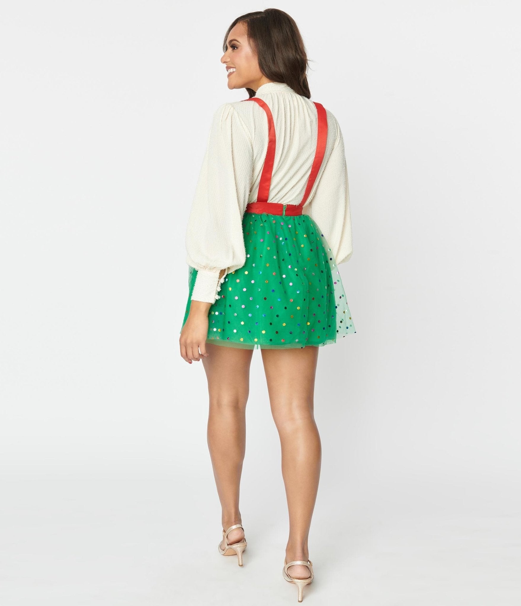 Unique Vintage Green & Multi Polka Dot Tulle Suspender Mini Skirt - Unique Vintage - Womens, BOTTOMS, SKIRTS
