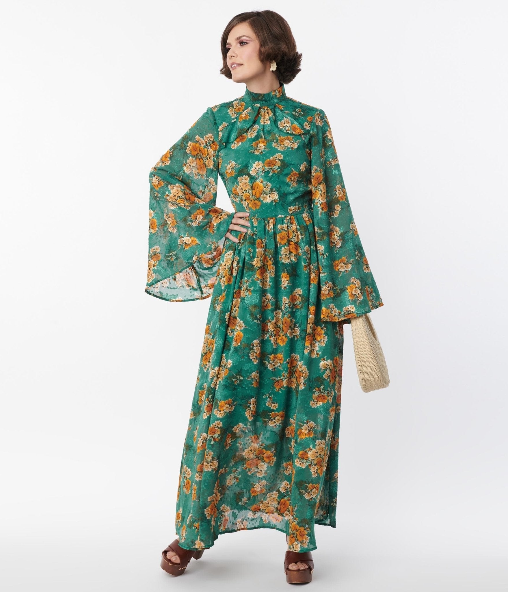 Unique Vintage 1970s Green & Orange Floral Bell Sleeve Maxi Dress