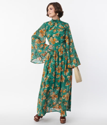 Unique Vintage Green & Orange Floral Bell Sleeve Maxi Dress - Unique Vintage - Womens, DRESSES, MAXI