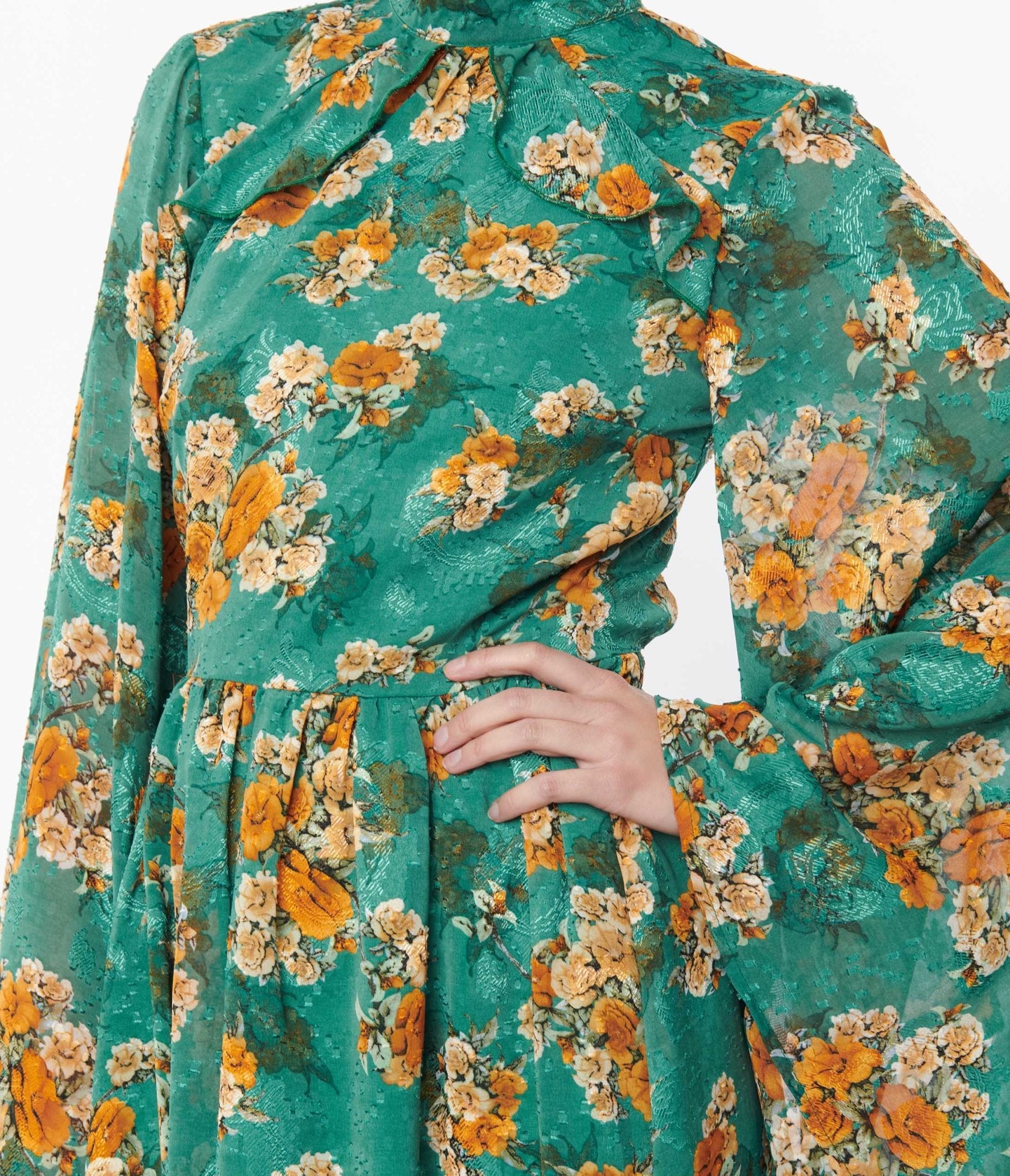 Unique Vintage Green & Orange Floral Bell Sleeve Maxi Dress - Unique Vintage - Womens, DRESSES, MAXI