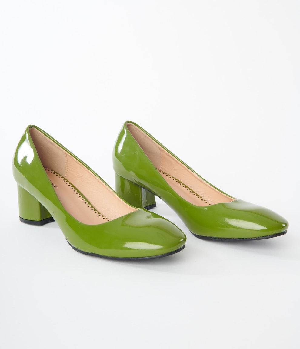 Unique Vintage Green Patent Block Heels