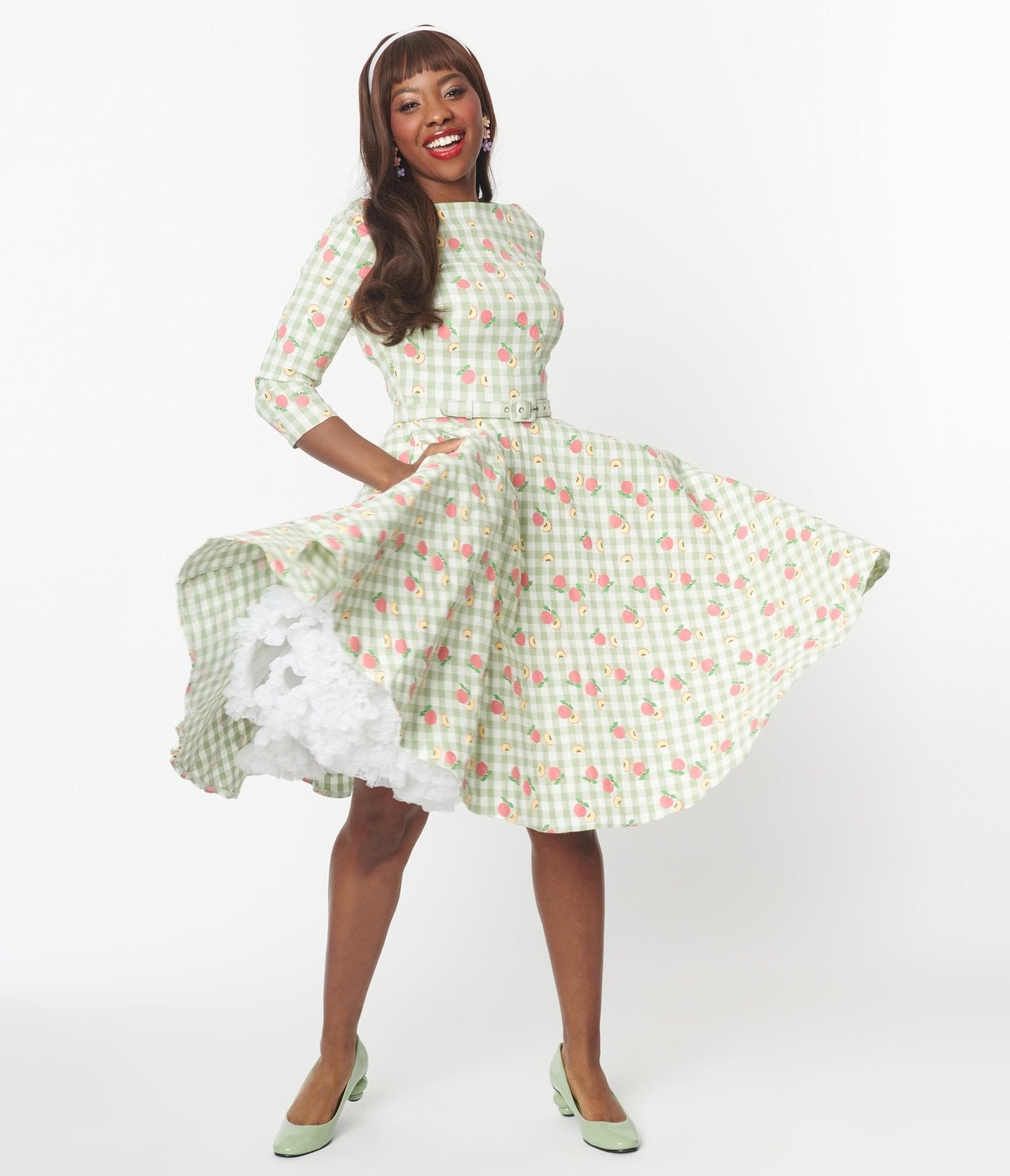 Unique Vintage Green Peach Gingham Devon Swing Dress