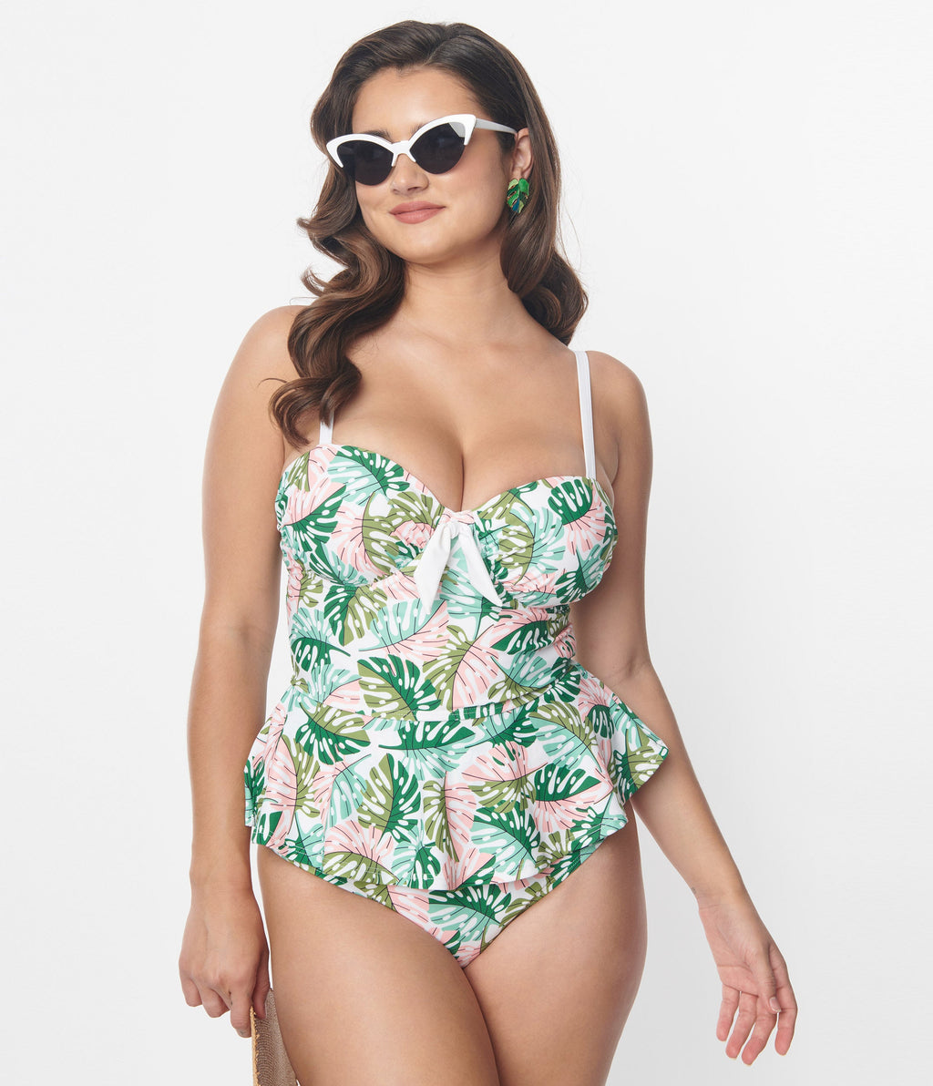Unique Vintage Green & Pink Monstera Leaf Daphne Swim Bottoms - Unique Vintage - Womens, SWIM, BOTTOM
