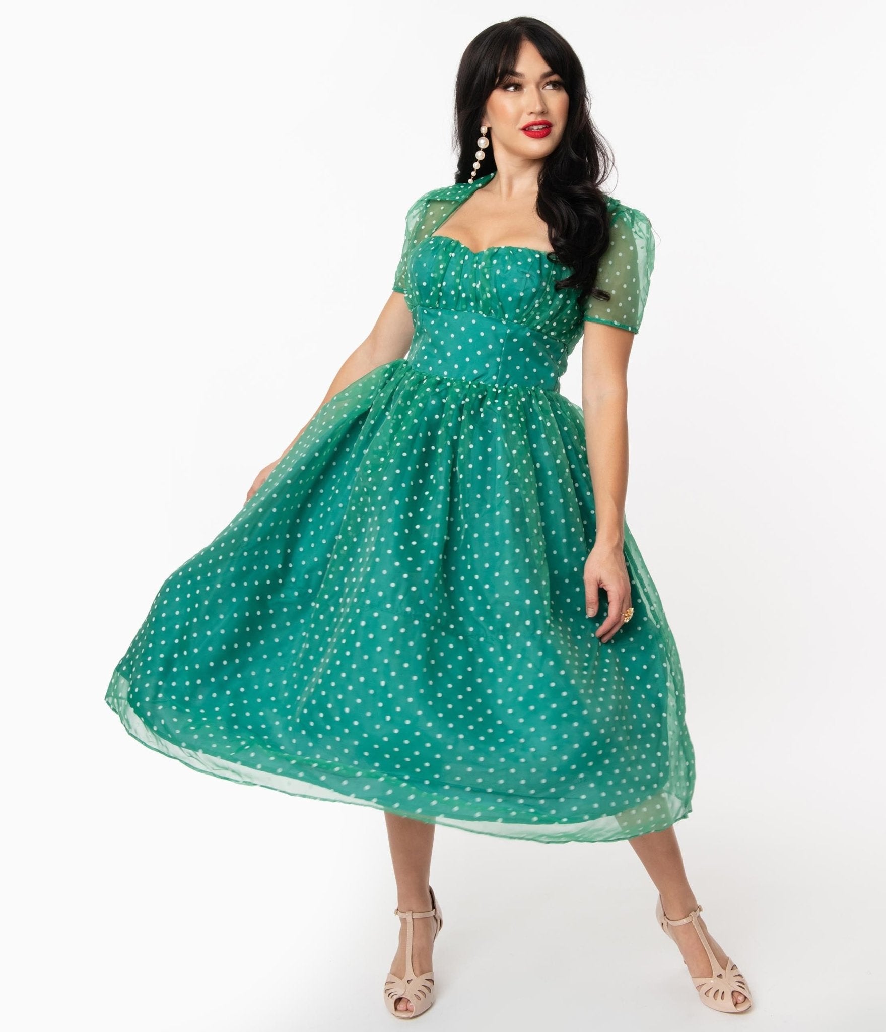 Unique Vintage 1940s Green White Swiss Dot Libby Swing Dress