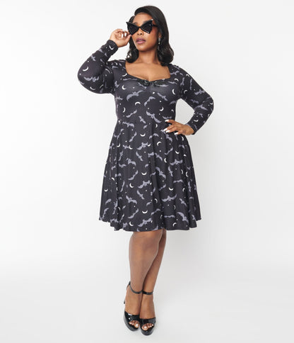 Unique Vintage Grey Bat & Moon Hello Gorgeous Flare Dress - Unique Vintage - Womens, HALLOWEEN, DRESSES