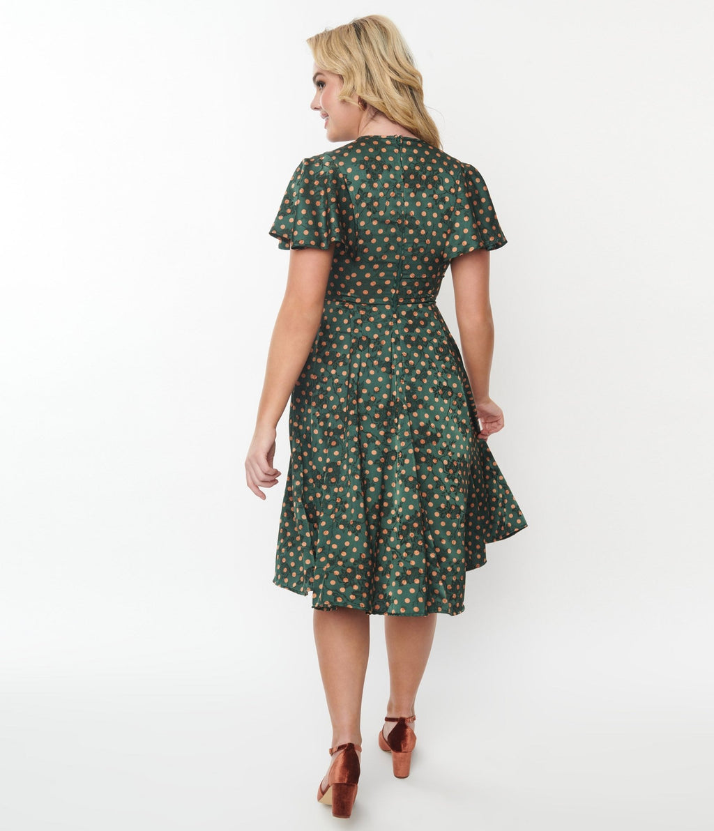 Unique Vintage Hunter Green & Rust Polka Dot Swing Dress - Unique Vintage - Womens, DRESSES, SWING
