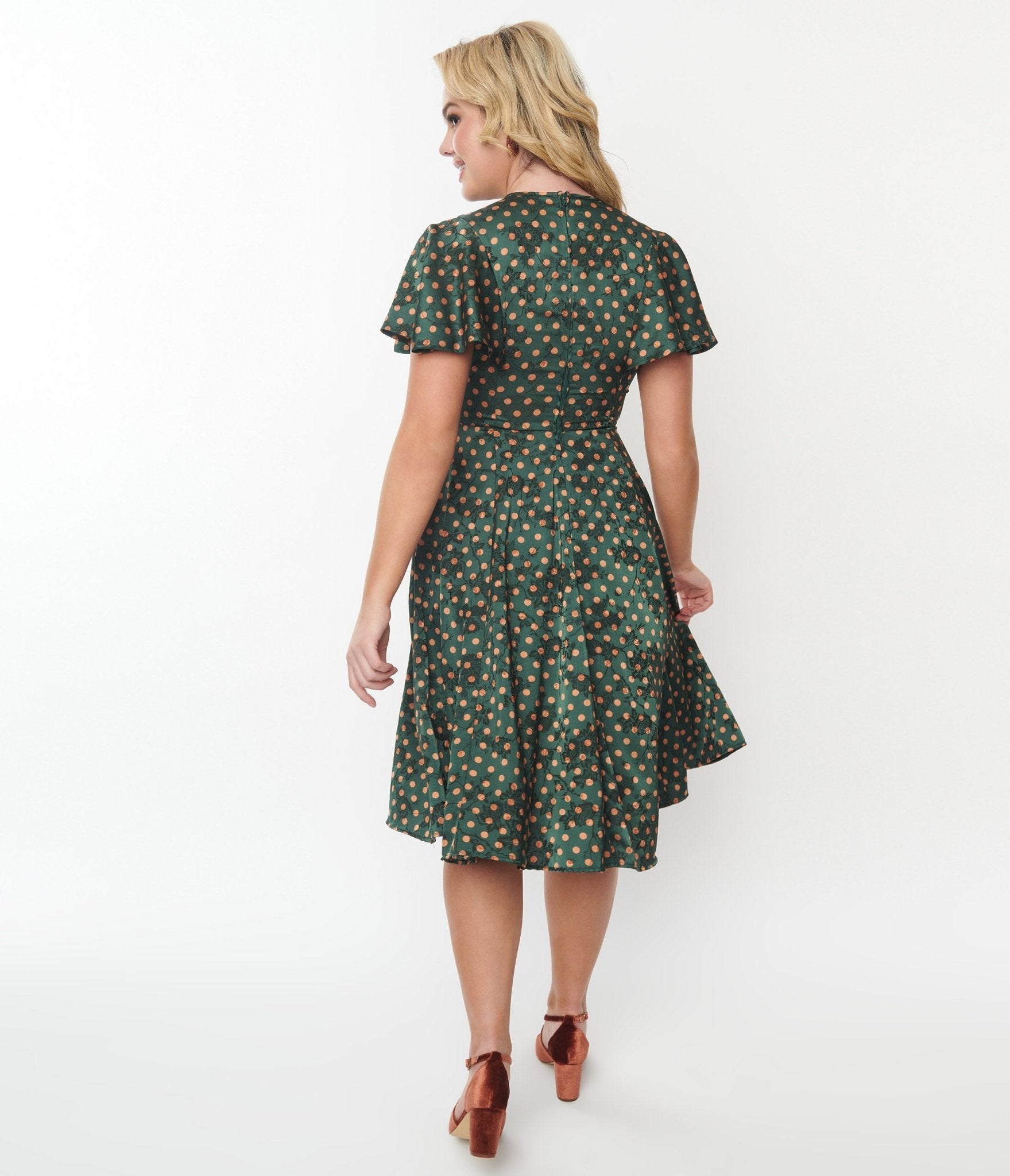 Unique Vintage Hunter Green & Rust Polka Dot Swing Dress - Unique Vintage - Womens, DRESSES, SWING