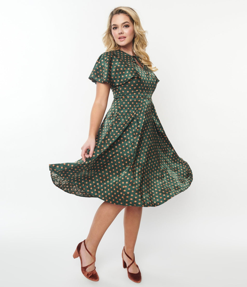 Unique Vintage Hunter Green & Rust Polka Dot Swing Dress - Unique Vintage - Womens, DRESSES, SWING