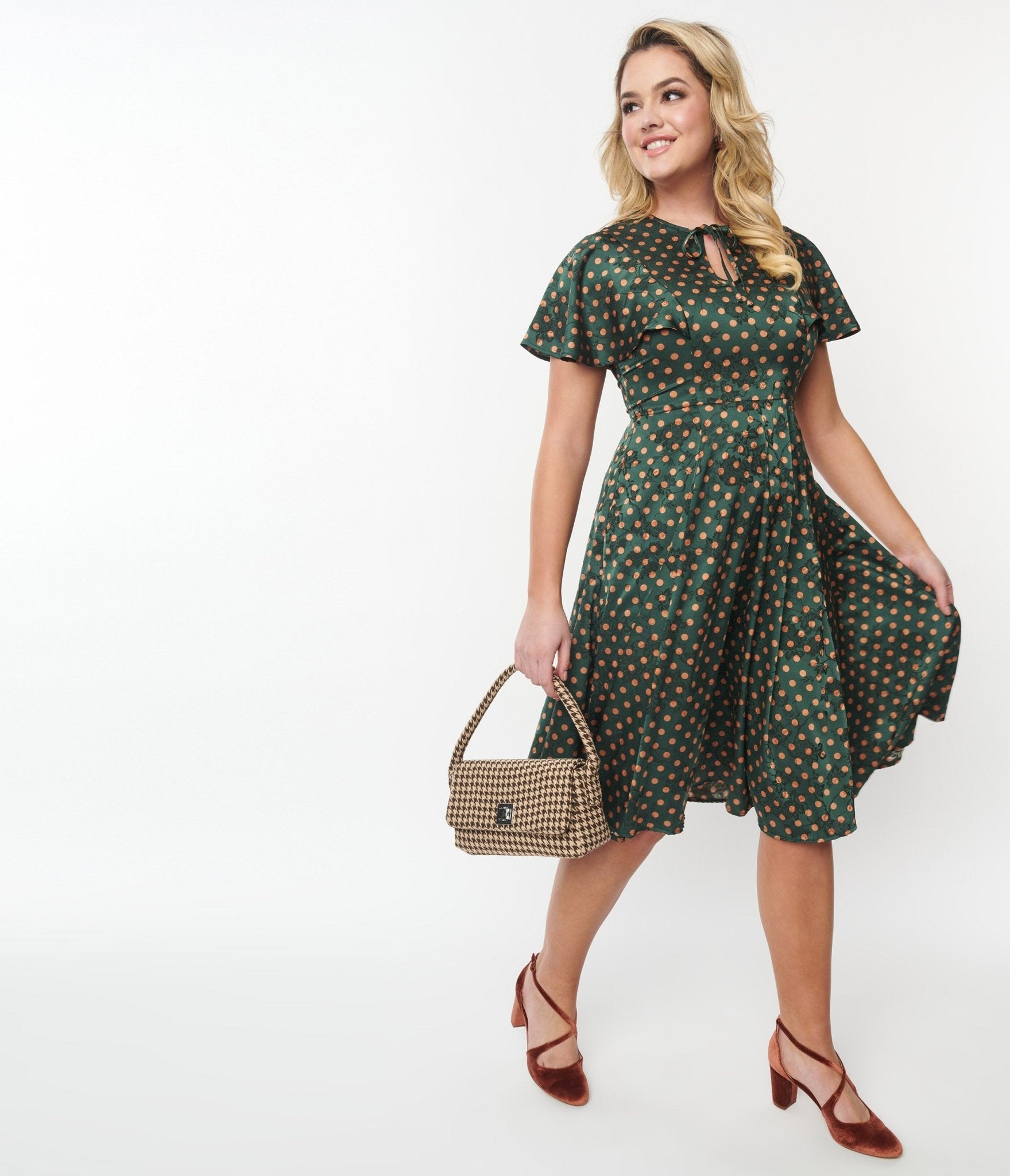 Unique Vintage Hunter Green & Rust Polka Dot Swing Dress - Unique Vintage - Womens, DRESSES, SWING