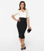 Unique Vintage 1940s Ivory & Black Button Front Wiggle Dress