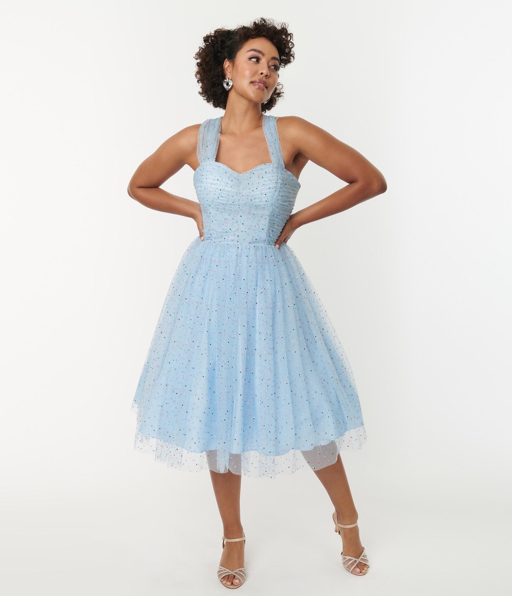 Unique Vintage Light Blue & Confetti Dots Garden State Swing Dress