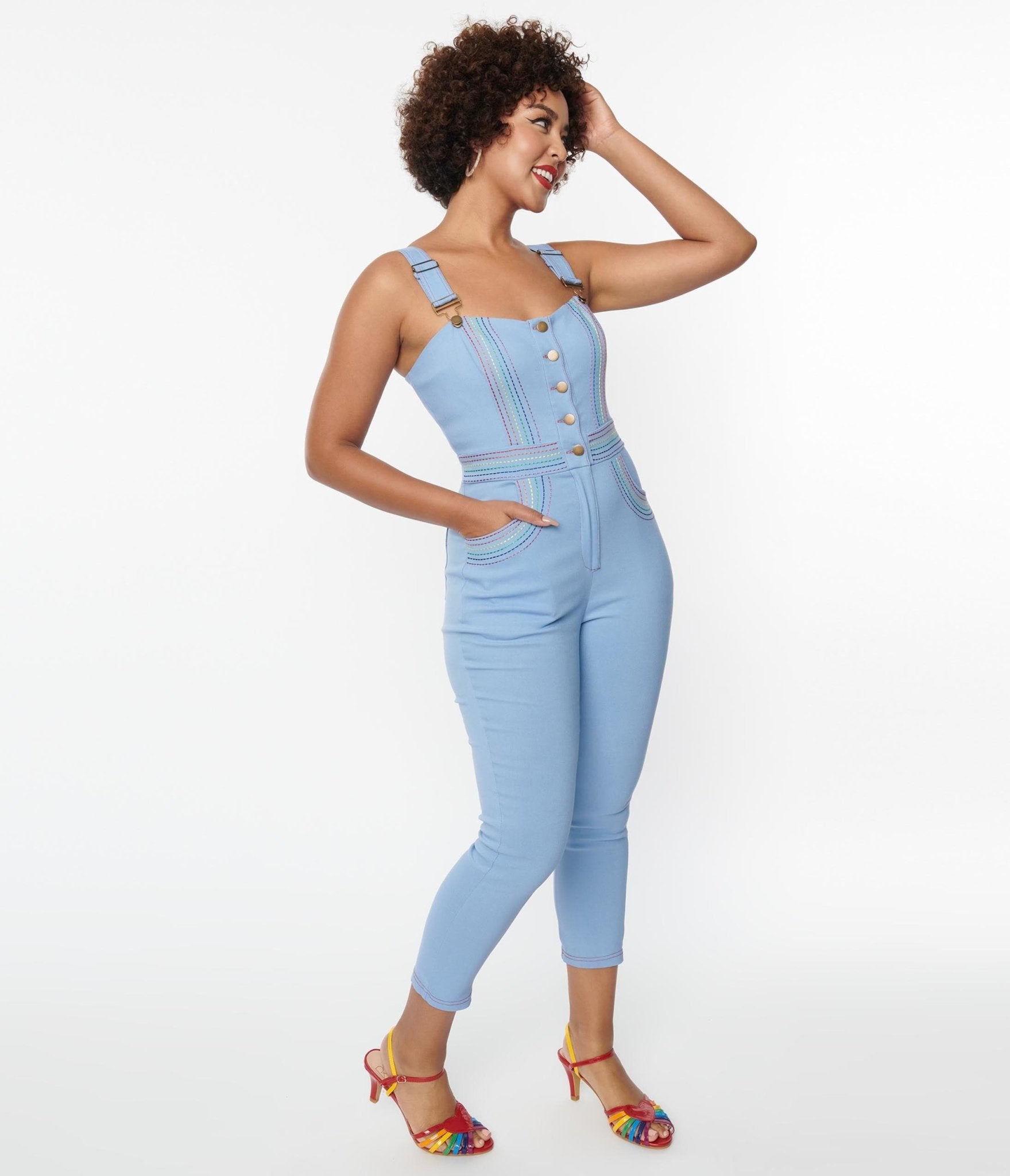 Unique Vintage 1970s Light Blue Rainbow Seamed Eartha Jumpsuit