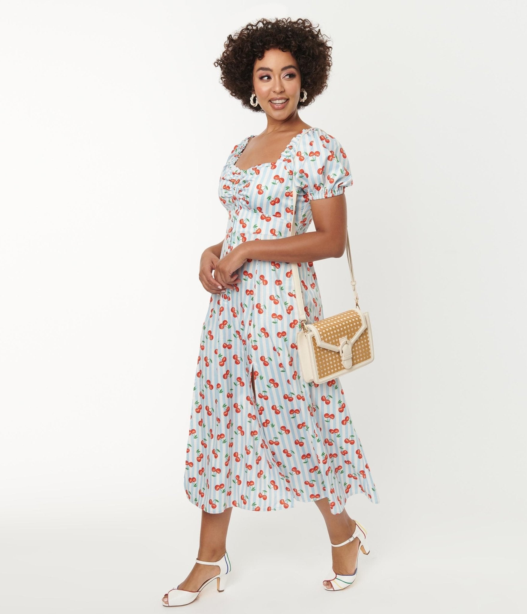 Unique Vintage 1940s Light Blue Stripe Cherry Print Midi Dress