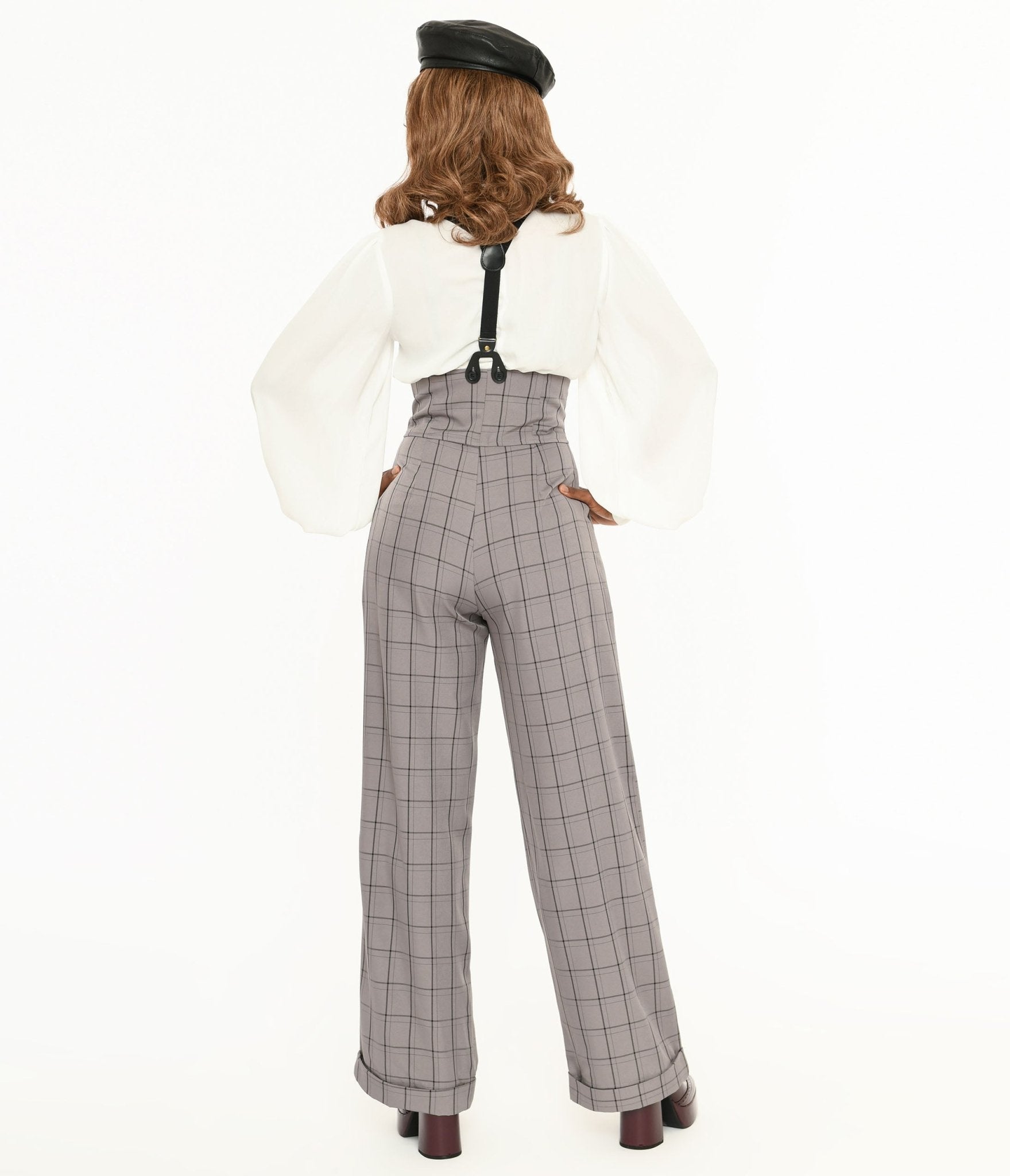 Unique Vintage Light Grey Windowpane Thelma Suspender Pants - Unique Vintage - Womens, BOTTOMS, PANTS