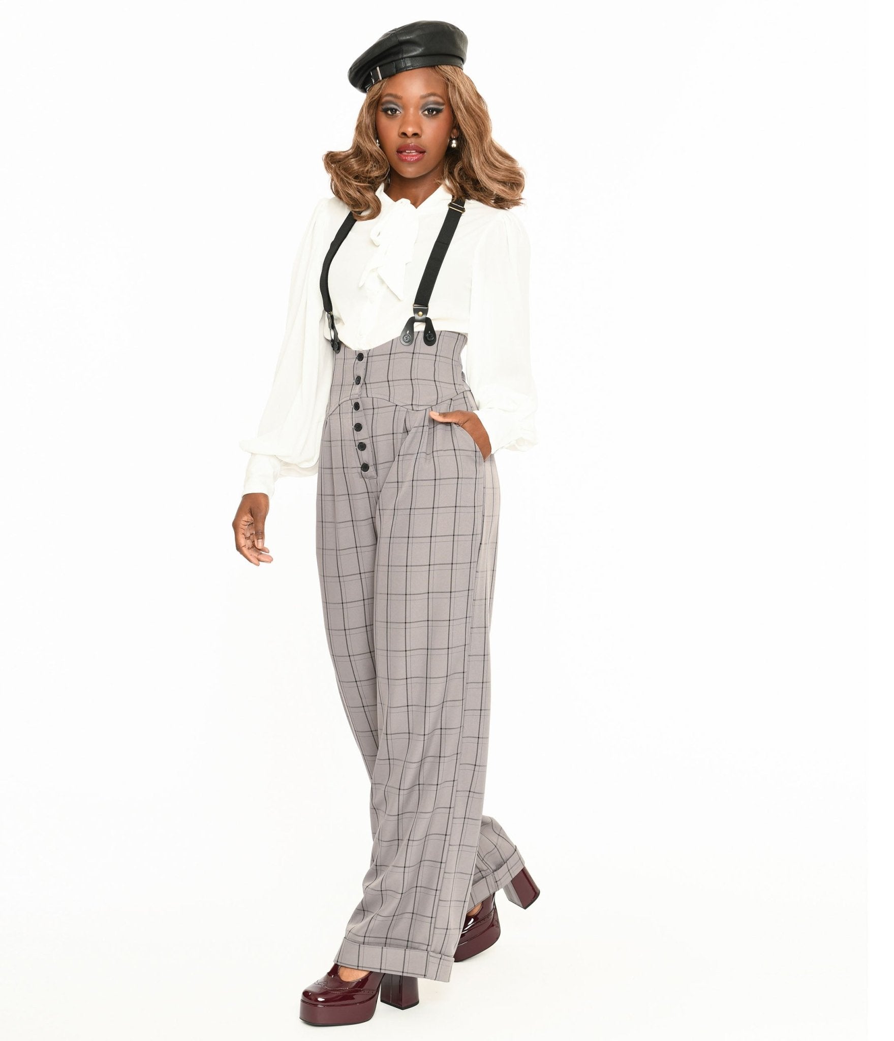 Unique Vintage Light Grey Windowpane Thelma Suspender Pants