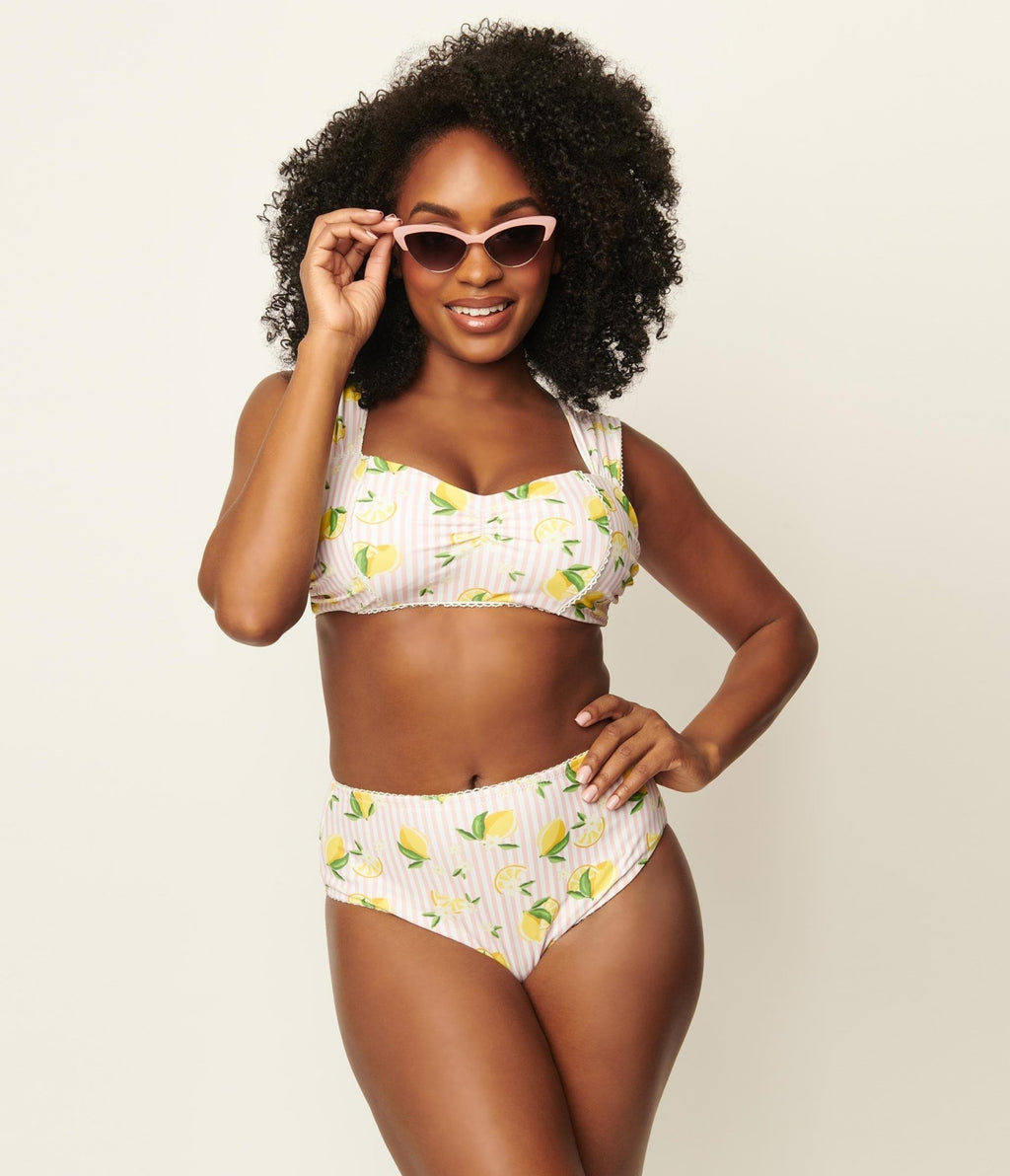 Unique Vintage Light Pink Stripes & Lemons Ruched & Ready Swim Top - Unique Vintage - Womens, SWIM, TOP