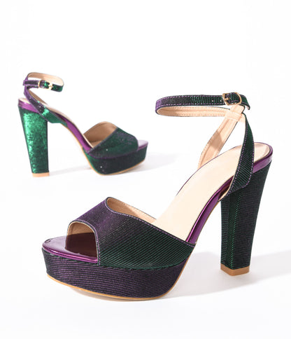 Unique Vintage Metallic Emerald & Purple Duotone Platform Heels - Unique Vintage - Womens, SHOES, HEELS