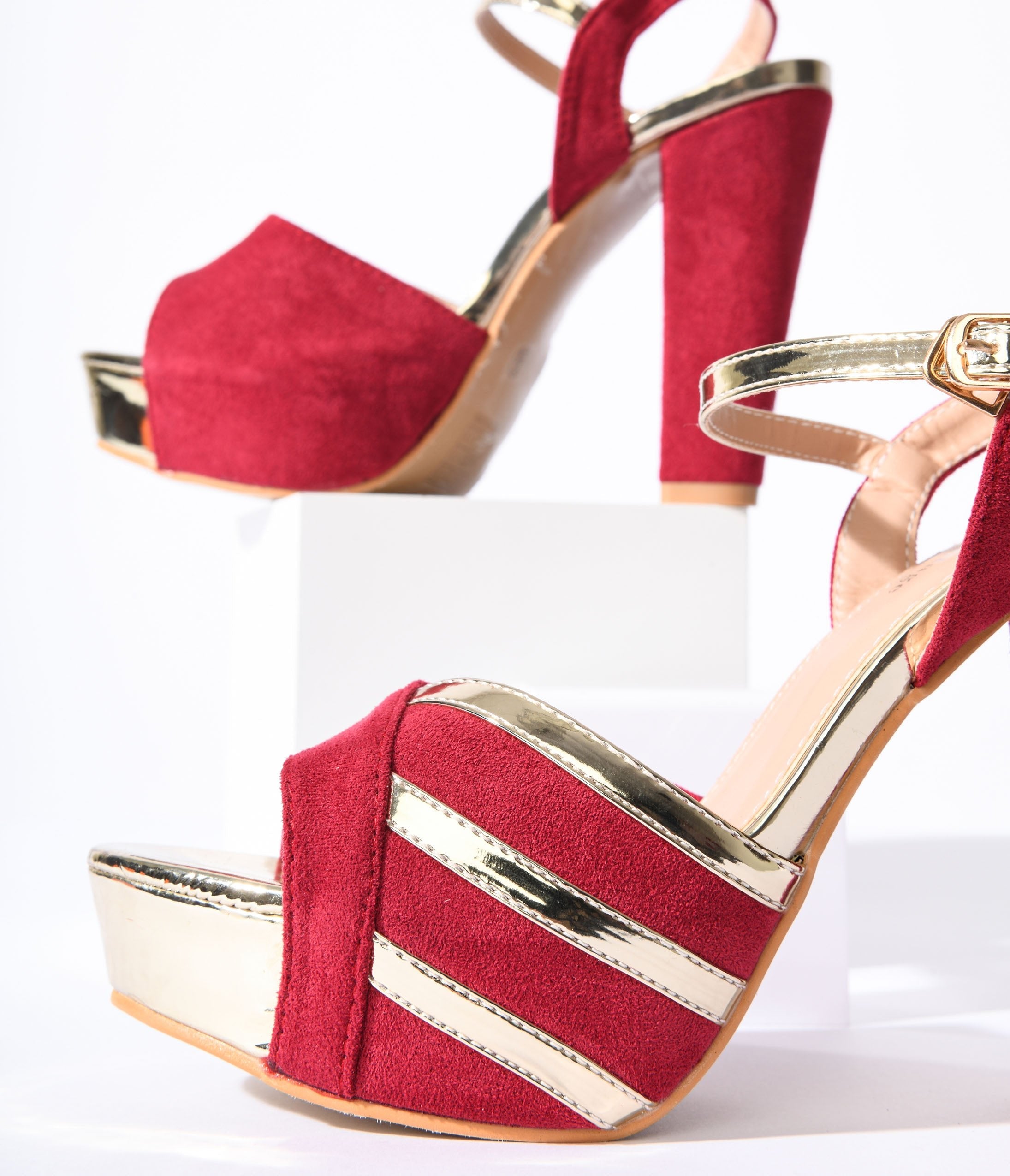 Unique Vintage Metallic Gold Red Suede Platform Heels