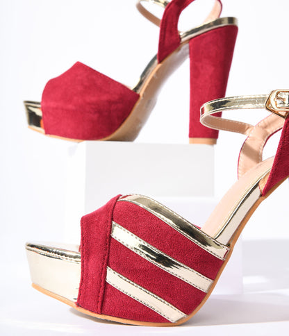 Unique Vintage Metallic Gold & Red Suede Platform Heels - Unique Vintage - Womens, SHOES, HEELS