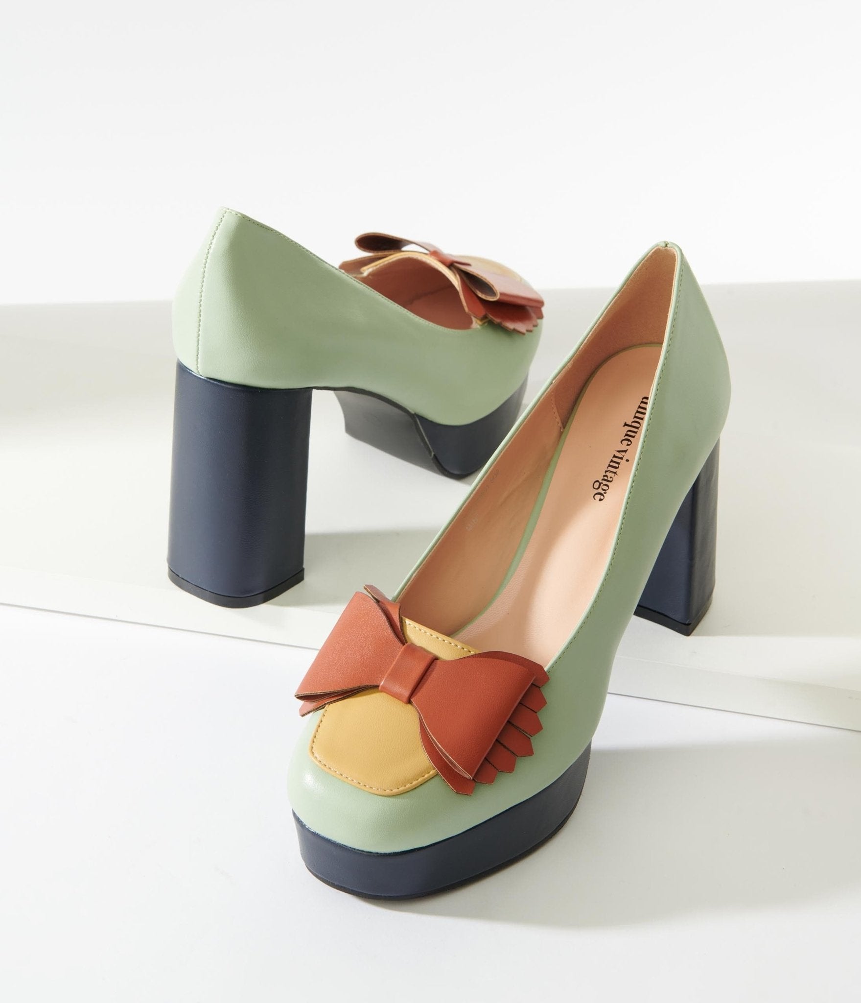 Unique Vintage Mint Bow Leatherette Platform Heels - Unique Vintage - Womens, SHOES, HEELS