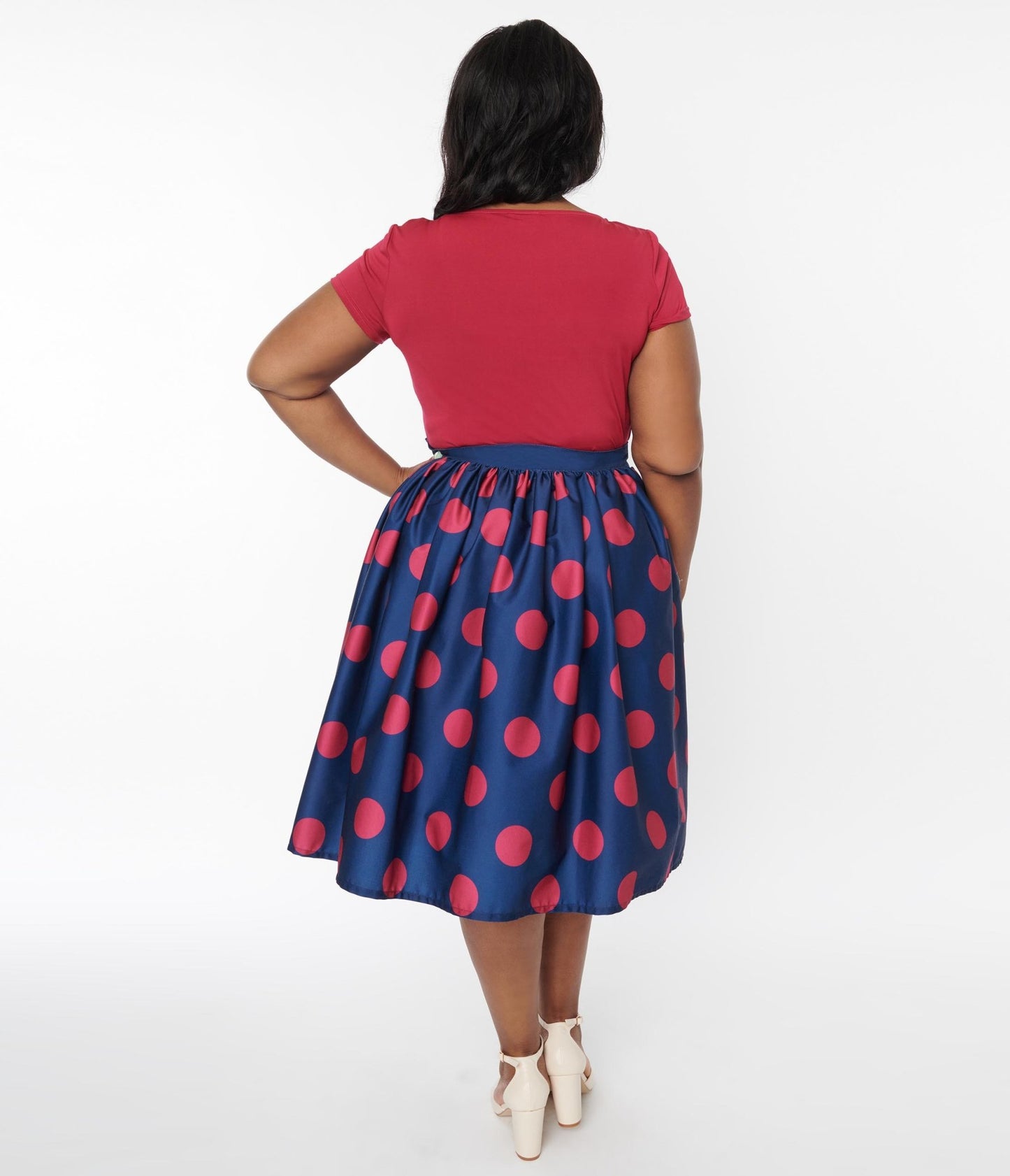 Unique Vintage Navy & Berry Polka Dot Gellar Swing Skirt - Unique Vintage - Womens, BOTTOMS, SKIRTS