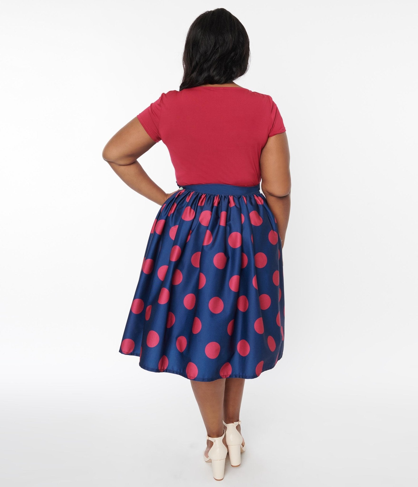 Unique Vintage Navy & Berry Polka Dot Gellar Swing Skirt - Unique Vintage - Womens, BOTTOMS, SKIRTS