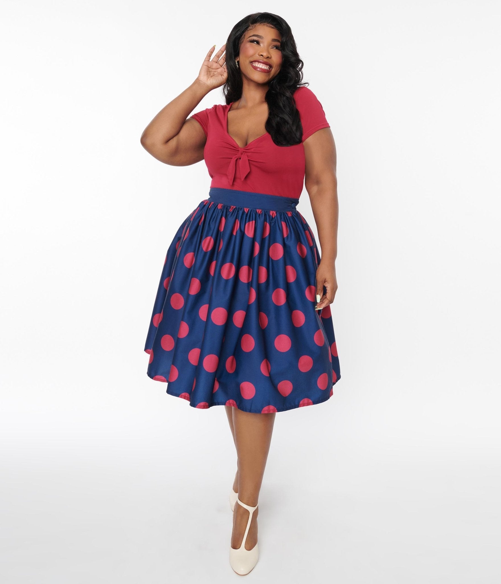 Unique Vintage Navy & Berry Polka Dot Gellar Swing Skirt - Unique Vintage - Womens, BOTTOMS, SKIRTS