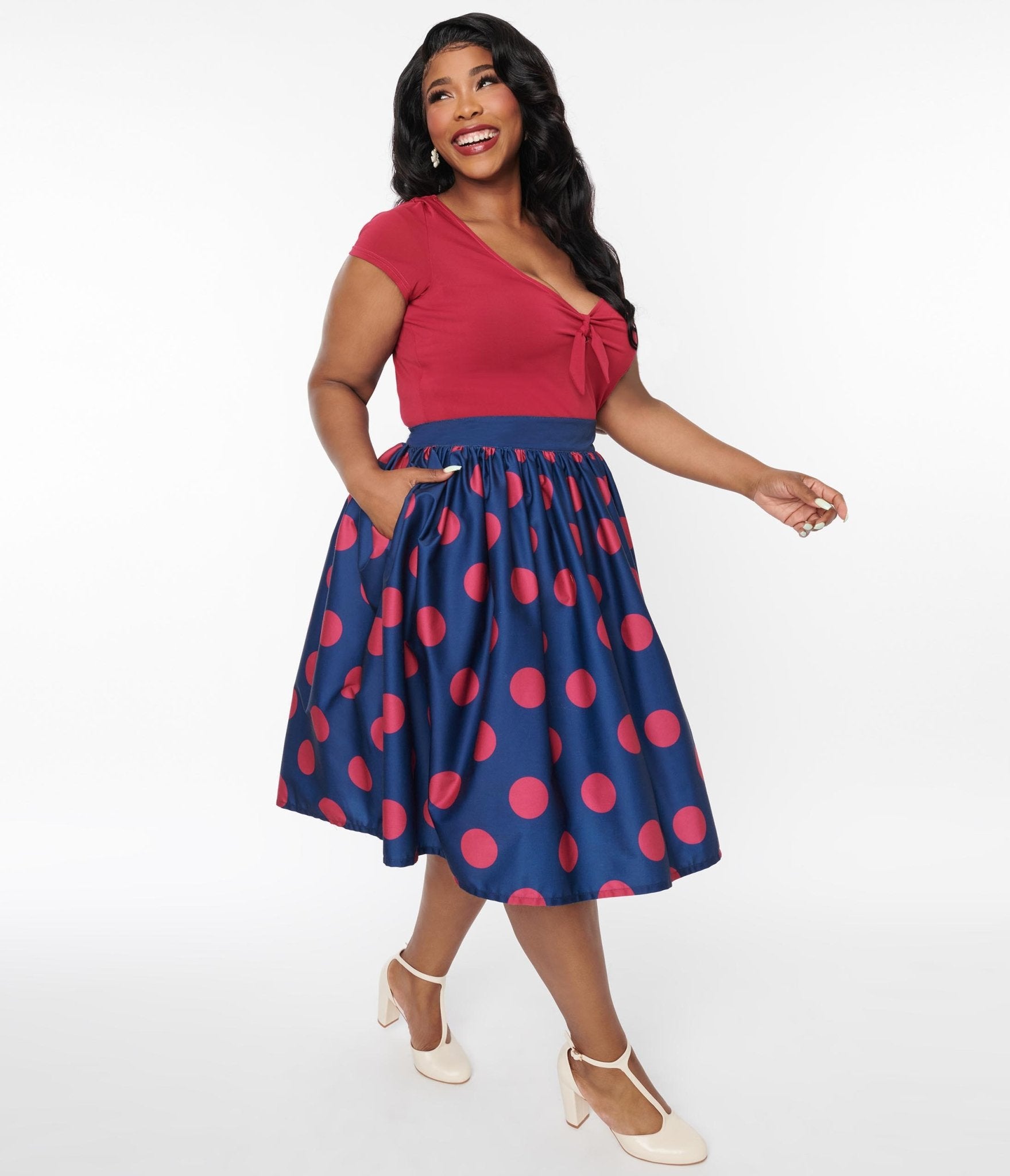 Unique Vintage Navy & Berry Polka Dot Gellar Swing Skirt - Unique Vintage - Womens, BOTTOMS, SKIRTS